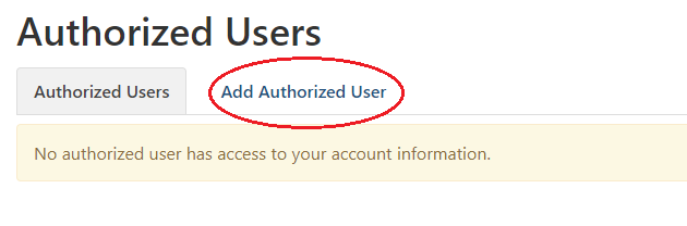 The screenshot shows the "Authorized Users" section with two tabs: "Authorized Users" and "Add Authorized Users." A red circle is drawn around the "Add Authorized Users" section to draw attention to it. The "Authorized User" tab is greyed out as it is the current tab the page loaded on. Below, a yellow box reads "No authorized user has access to your account information."
