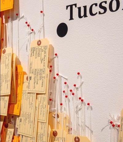 Part of the Hostile Terrain 94 exhibiton, coming to MCLA Gallery 51 in February 2021: More than 3,200 toe tags, each representing someone who lost their life attempting to cross the Sonoran Desert to reach the U.S. 